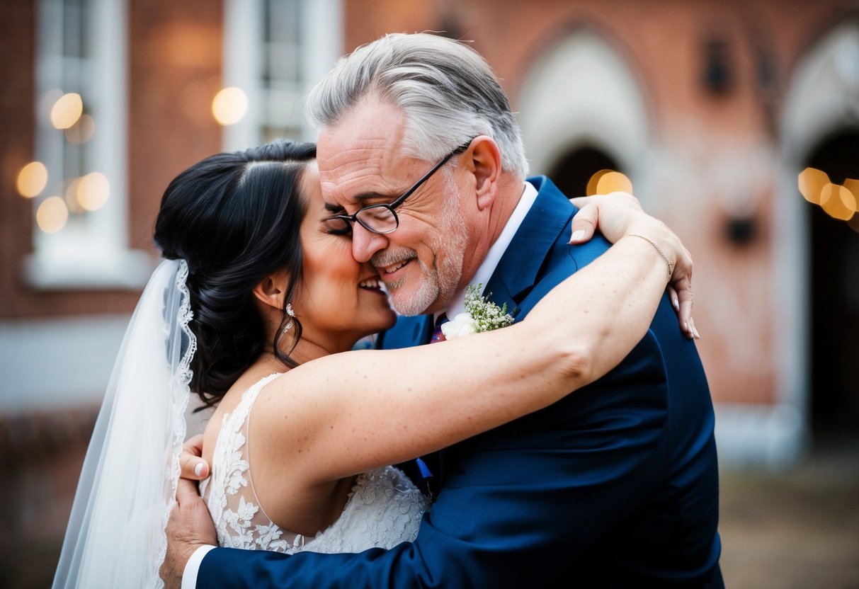 The bride and her father embrace in a warm, congratulatory hug