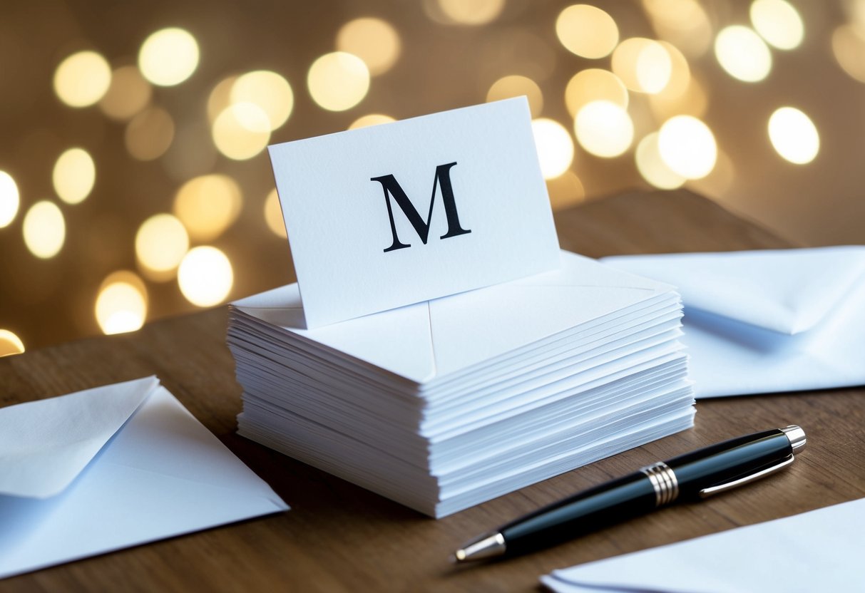 A stack of RSVP cards with a prominent 'M' on one, surrounded by envelopes and a pen