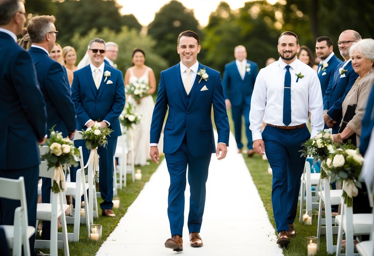 The groom leads the processional, followed by the best man, as they make their way down the aisle