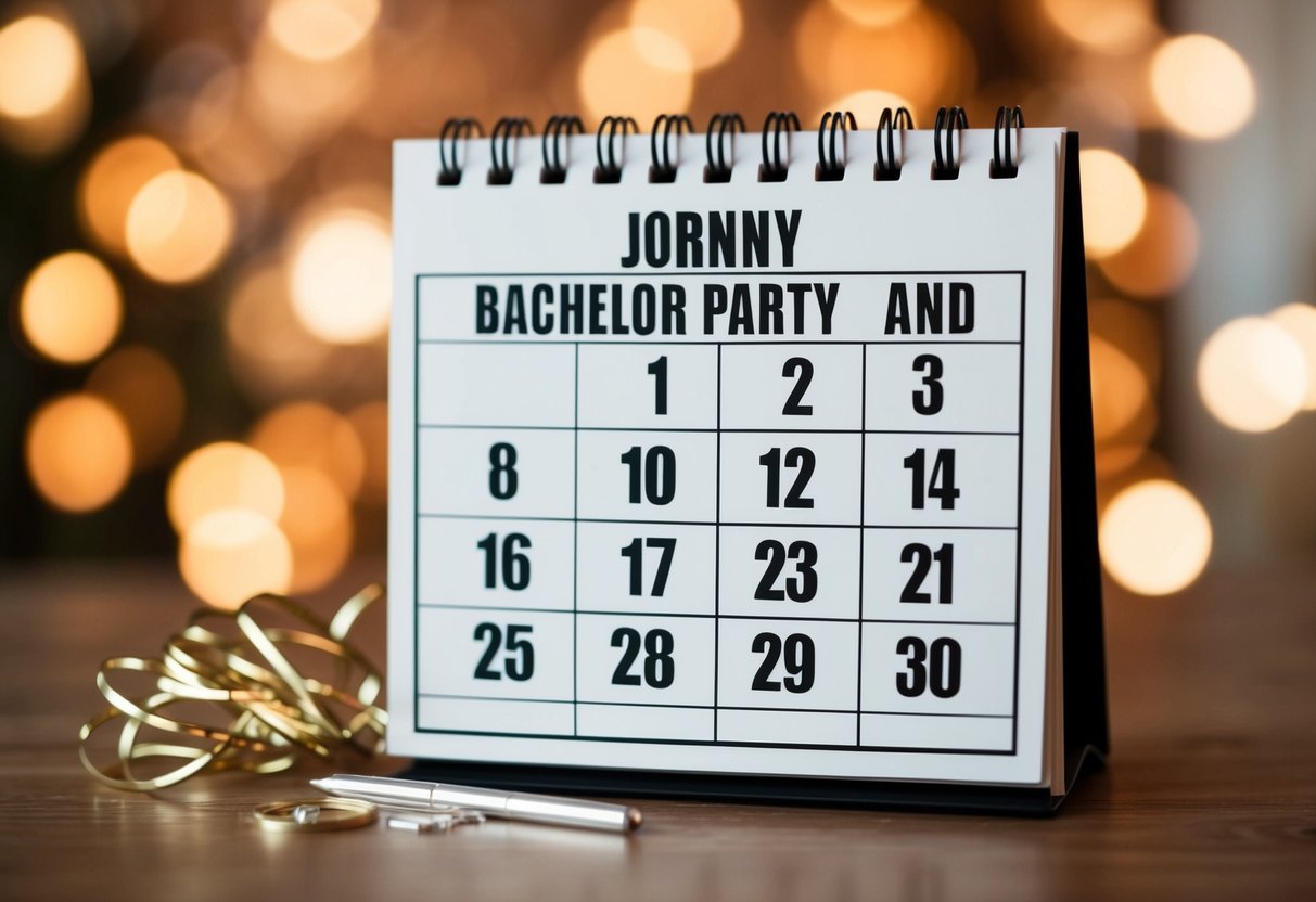A calendar with a marked date for the bachelor party and wedding