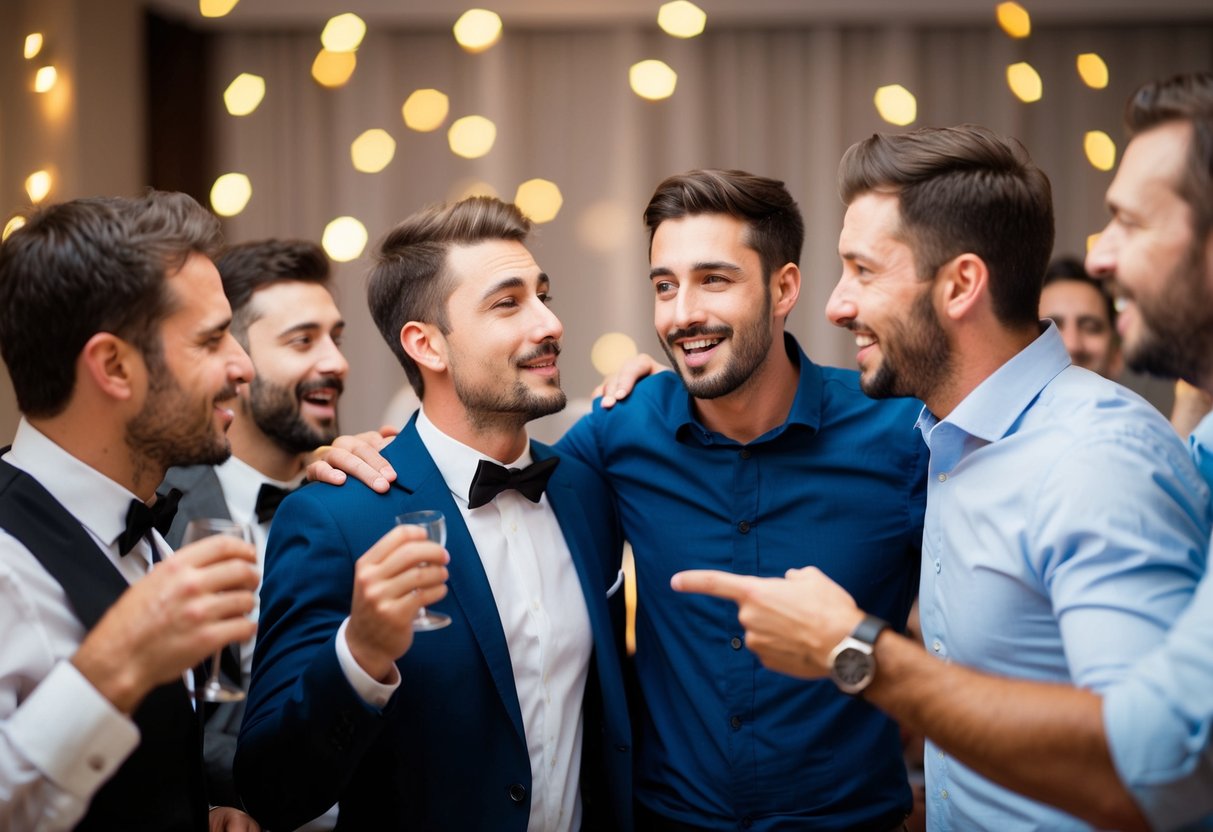 A group of men celebrating at a bachelor party, with one man looking hesitant while another gestures towards him
