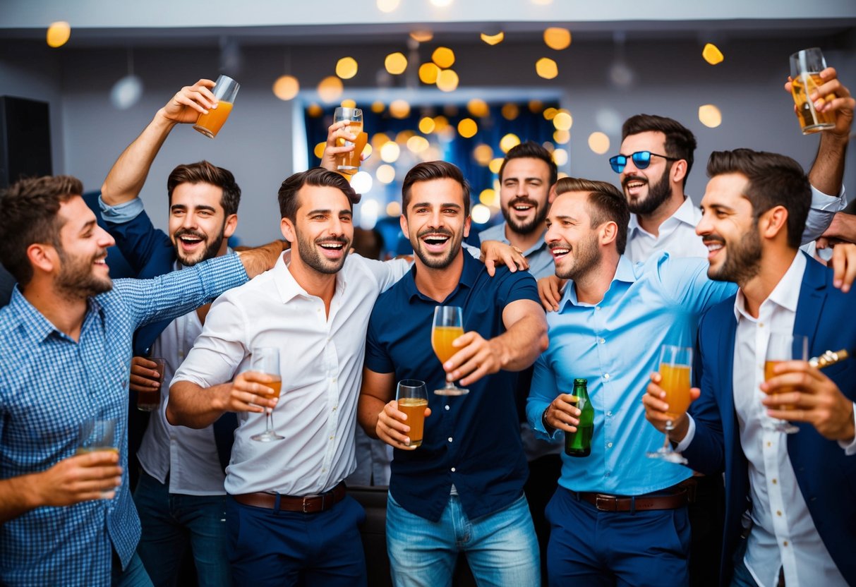 A group of men celebrating at a lively bachelor party, with drinks, music, and laughter filling the air