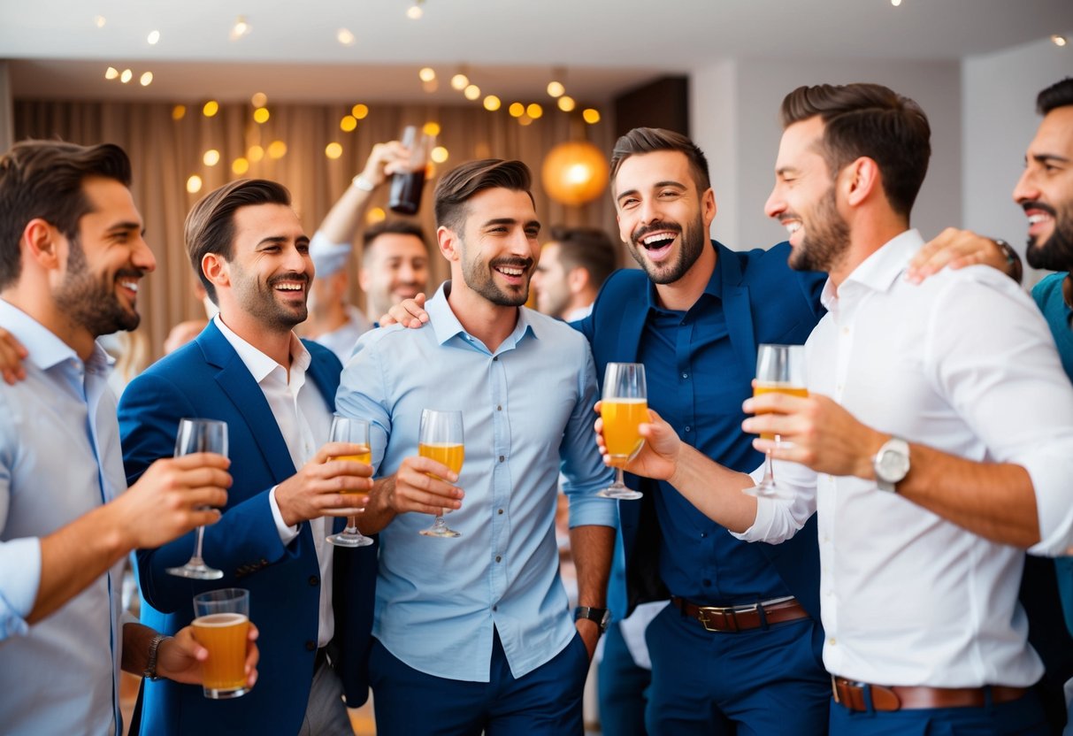 A group of men celebrating at a bachelor party, with drinks, laughter, and activities