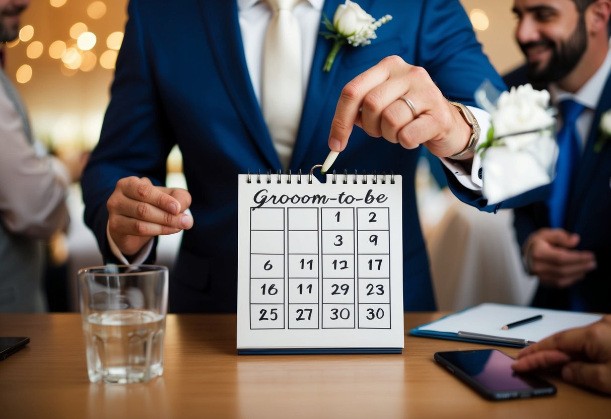 A groom-to-be marks a calendar, counting days between bachelor party and wedding