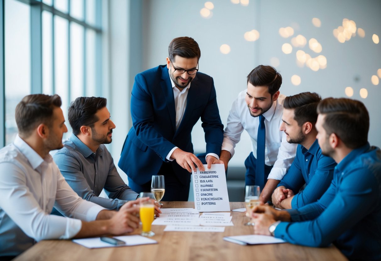 A group of men gathered around a table, discussing and debating over a list of names for a bachelor party guest list