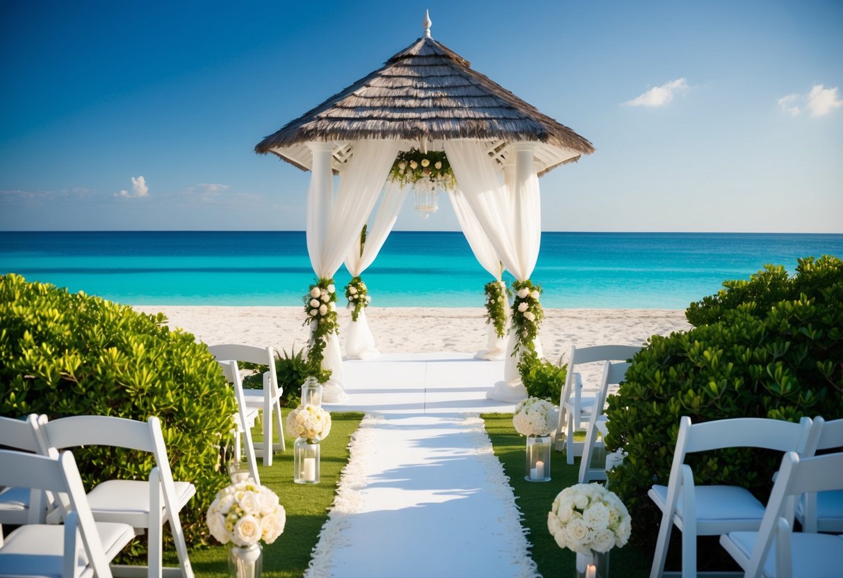 A serene beach with a romantic gazebo and elegant decor, surrounded by lush greenery and a clear blue ocean, setting the stage for a destination wedding
