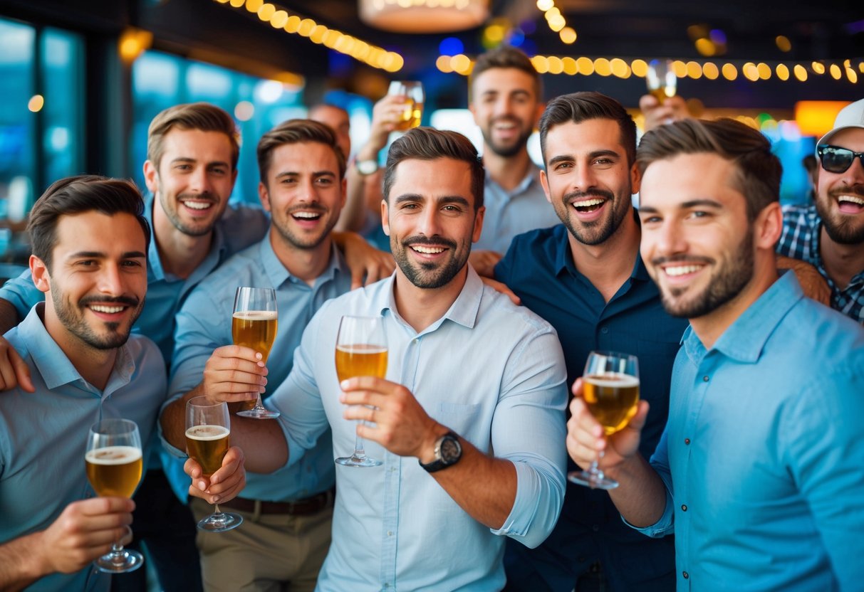 A group of men celebrating at a lively bachelor party destination, engaging in activities such as bar hopping, golfing, or attending a sporting event