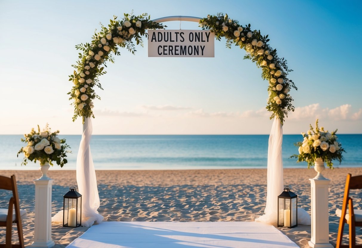 A serene beach setting with a picturesque wedding arch and a sign indicating "Adults Only Ceremony."