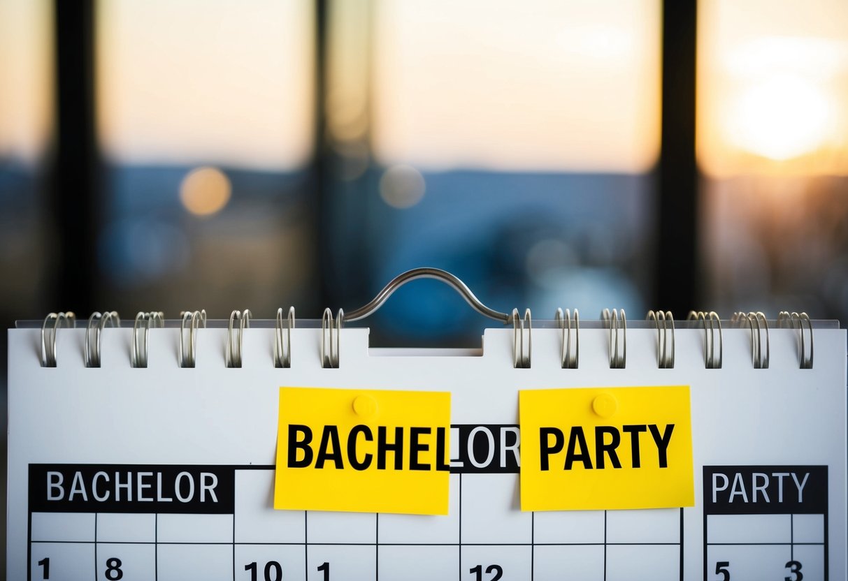 A calendar with a marked date for the bachelor party and another marked date for the wedding, with a clear gap in between