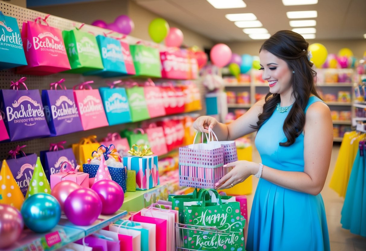 A bride purchases a variety of bachelorette gifts from a display of colorful and festive party supplies at a store