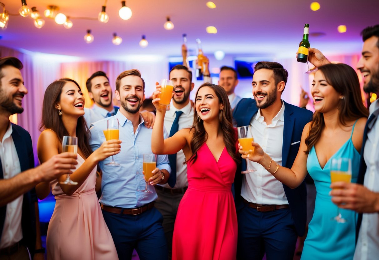 A group of friends celebrating at a lively bachelor party, with drinks, music, and laughter filling the room