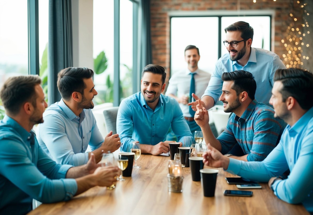 A group of men gather around a table, discussing and debating the guest list for a bachelor party. The atmosphere is lively and filled with anticipation