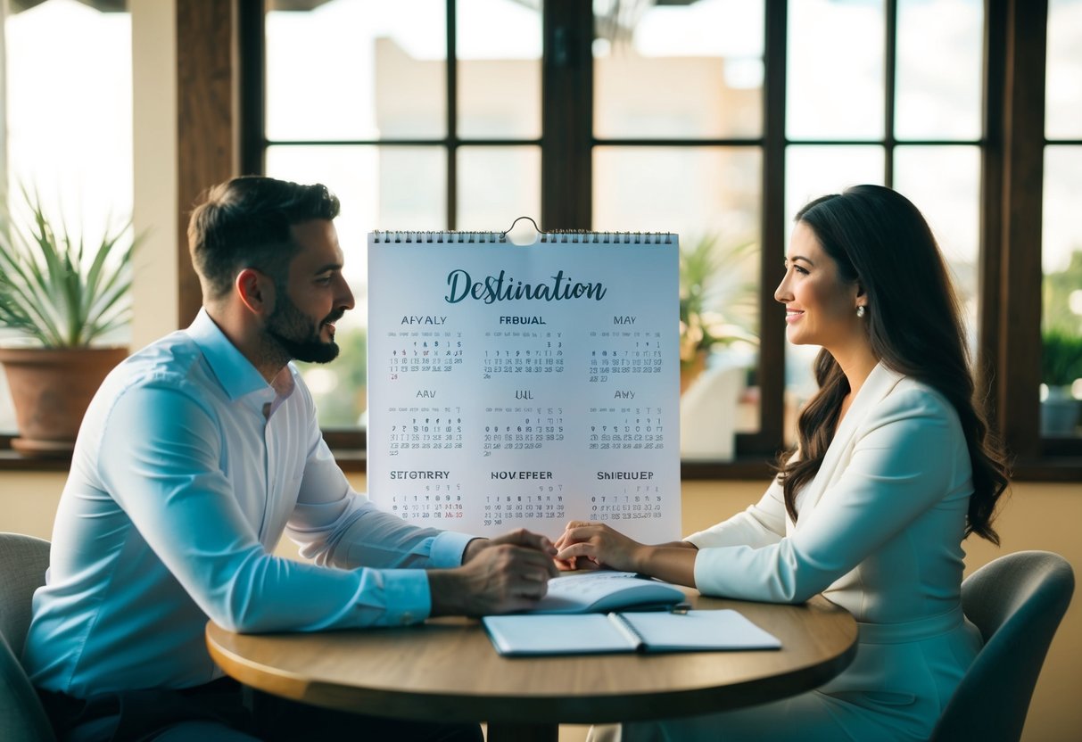 A couple sits at a table with a calendar, discussing plans for a destination wedding. The calendar shows dates several months in advance