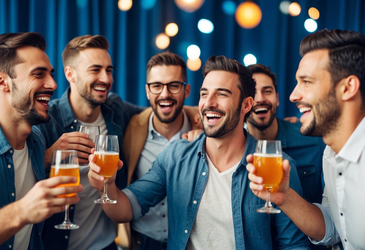 A group of men celebrating at a bachelor party, with drinks, music, and laughter