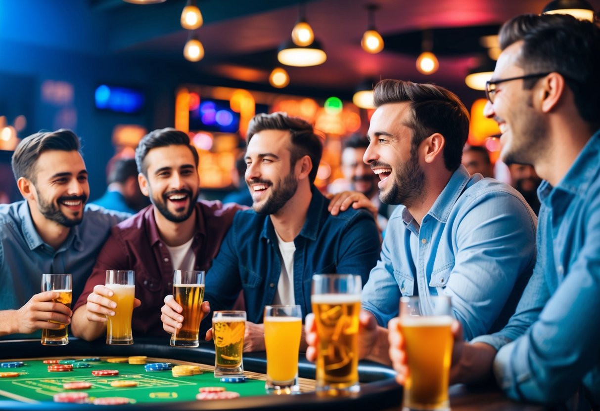 A group of men celebrate with drinks, games, and laughter at a lively bar or club