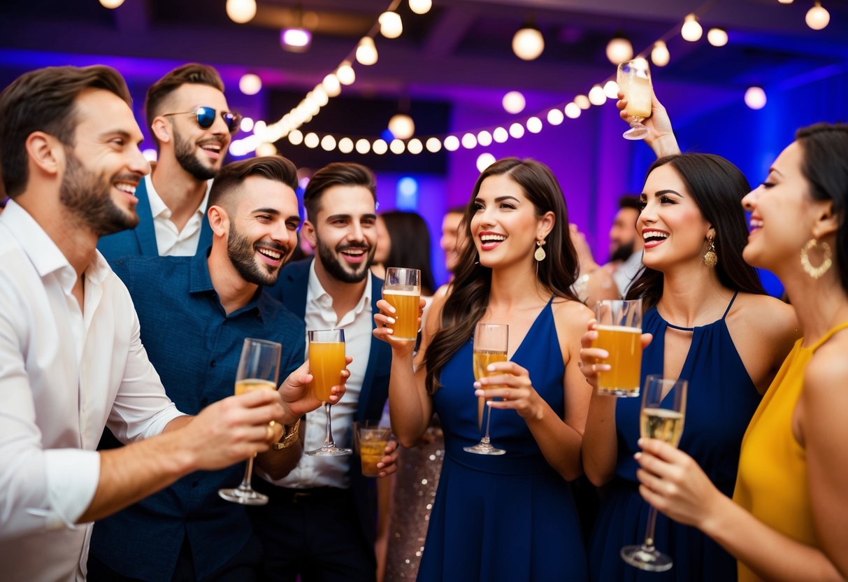A group of men and women celebrate together at a combined bachelor and bachelorette party, enjoying drinks and music in a festive atmosphere