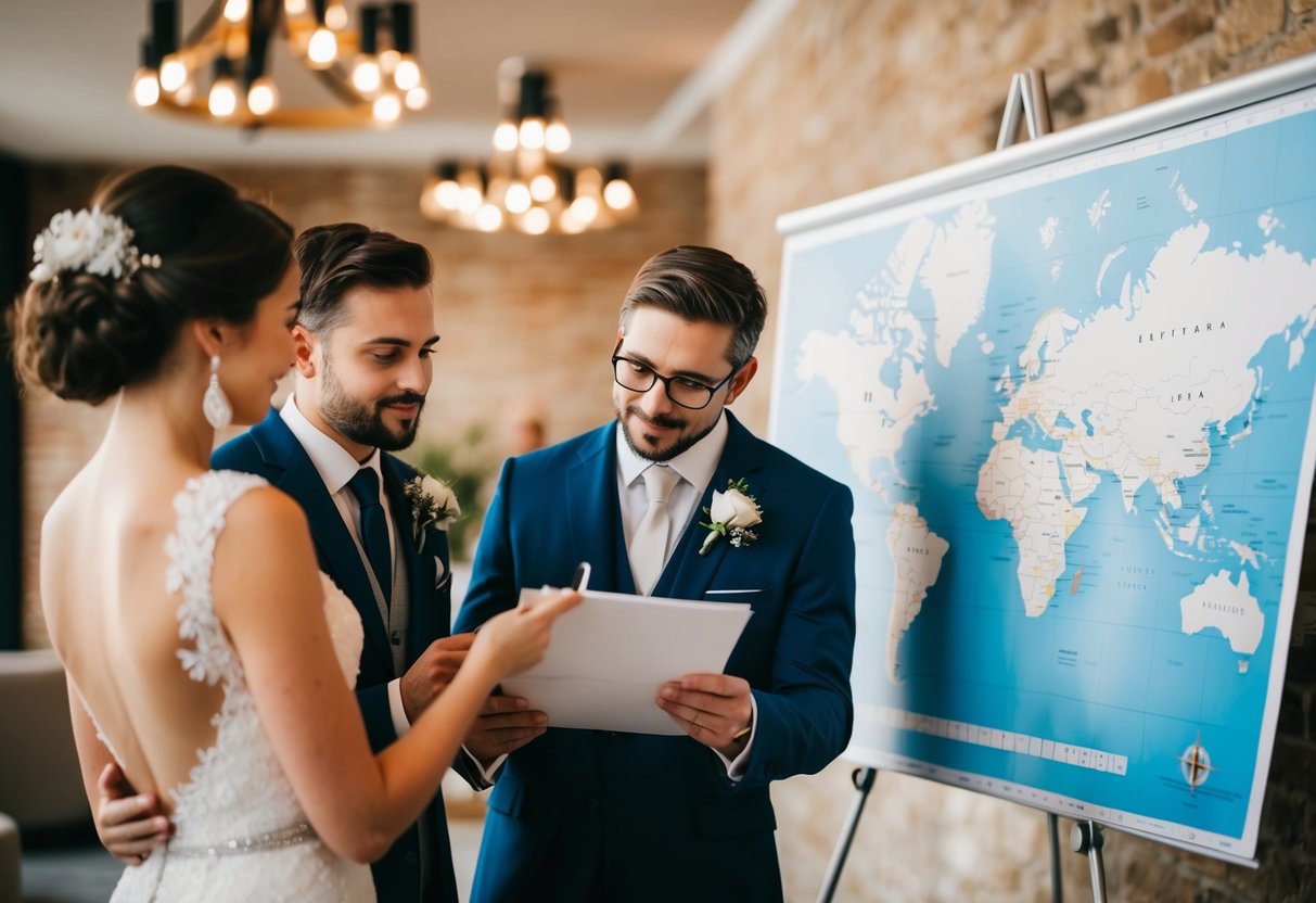 A couple discussing wedding details while looking at a calendar and map of the destination