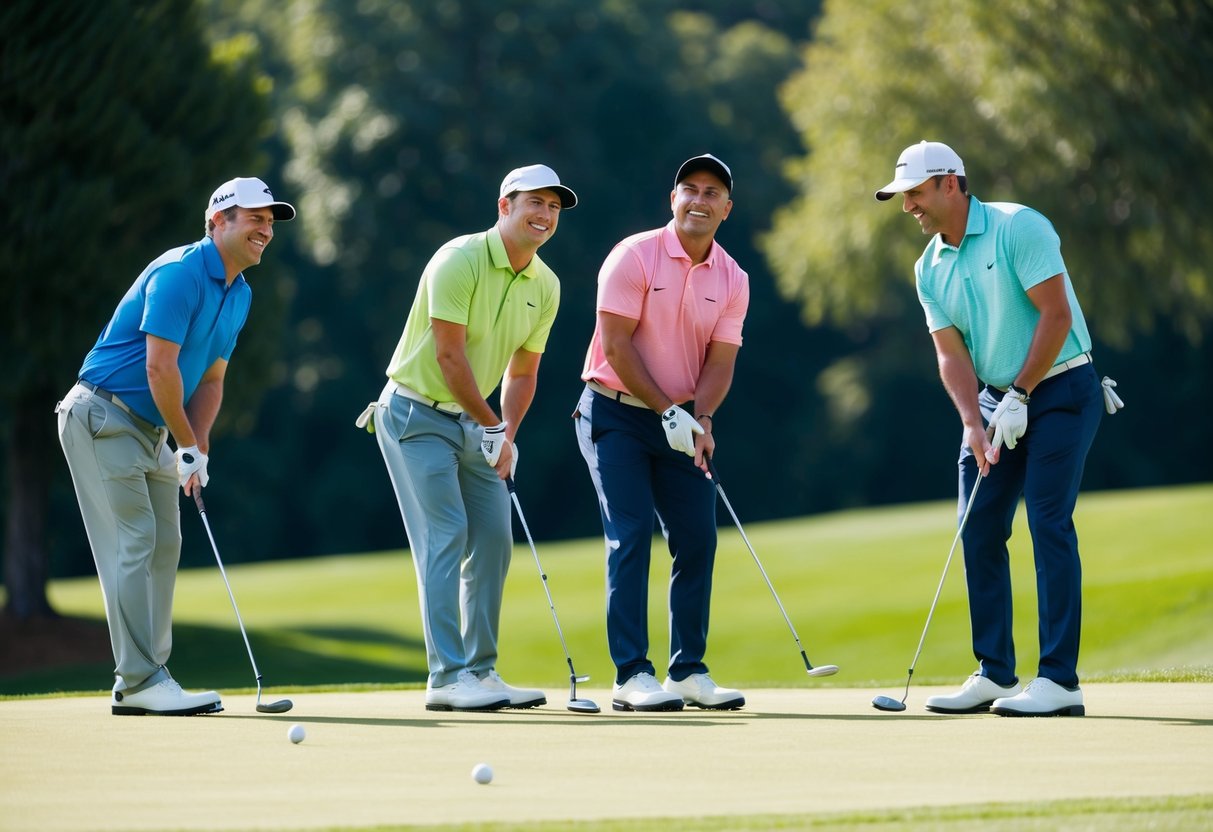 A group of men playing golf on a sunny course, laughing and joking as they take turns teeing off