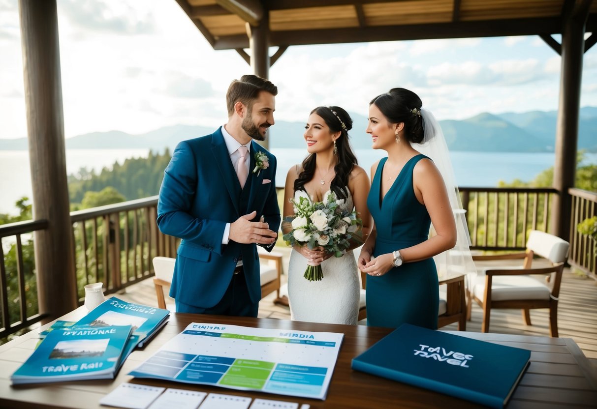 A couple discussing wedding details with vendors in a scenic destination setting, with a calendar and travel brochures spread out on a table