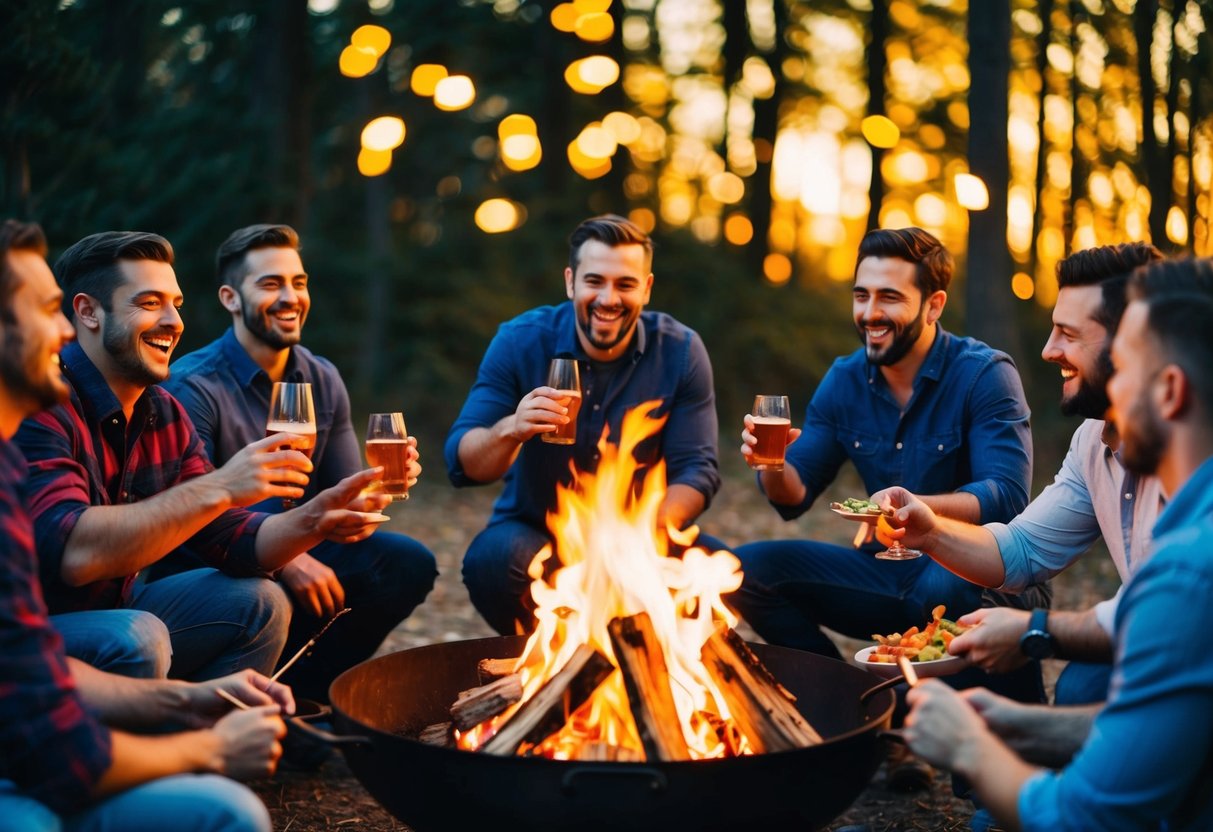 A group of men gathered around a bonfire, laughing and drinking. Some are playing games, while others are grilling food. The atmosphere is lively and energetic