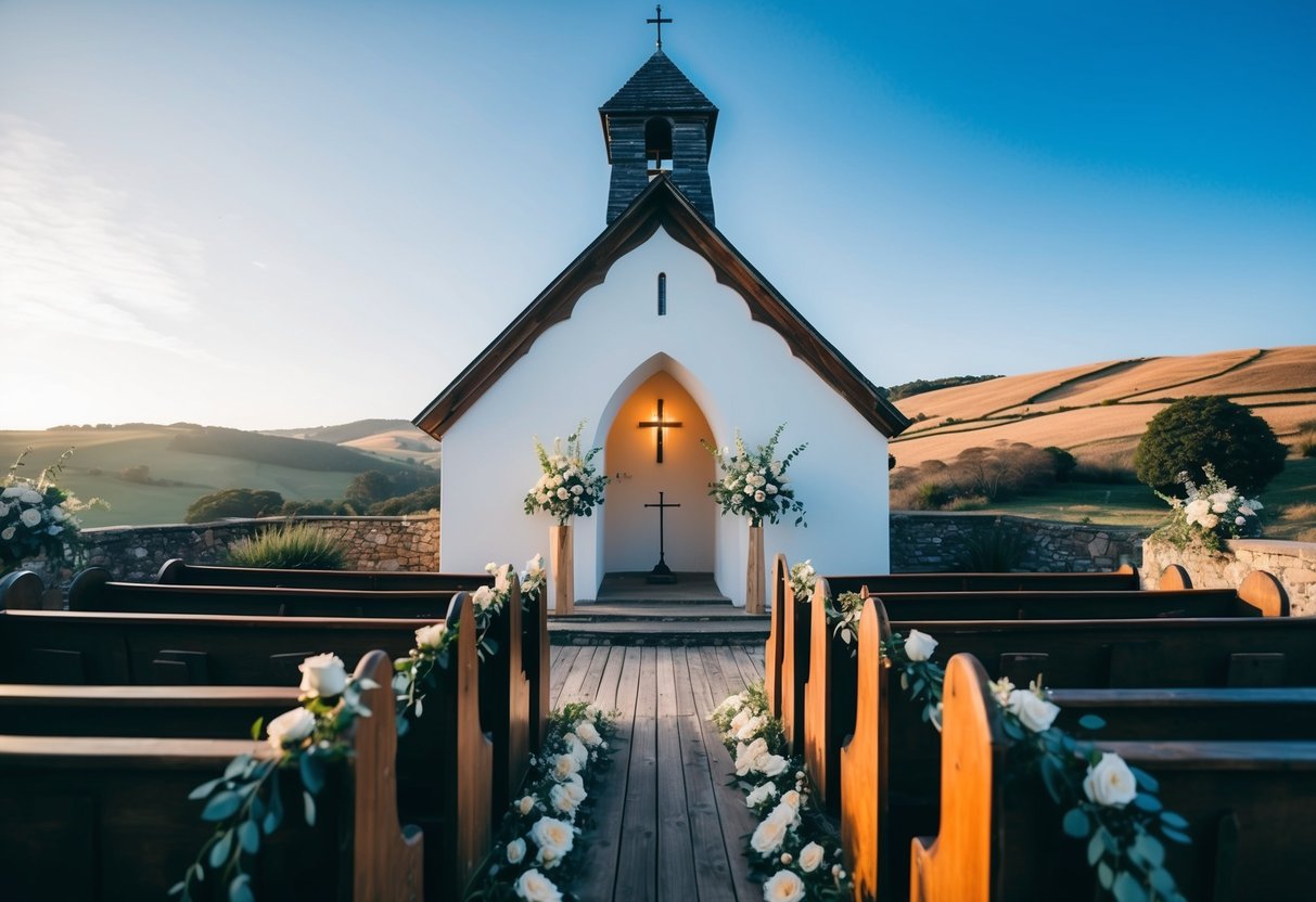 A quaint chapel with rustic wooden pews, adorned with delicate flowers and soft candlelight, set against a backdrop of rolling hills and a clear blue sky