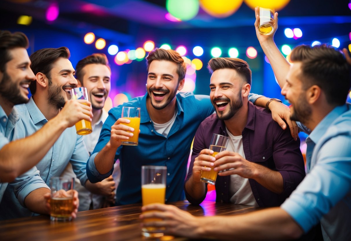 A group of men celebrating, drinking, and laughing at a bar with colorful lights and music
