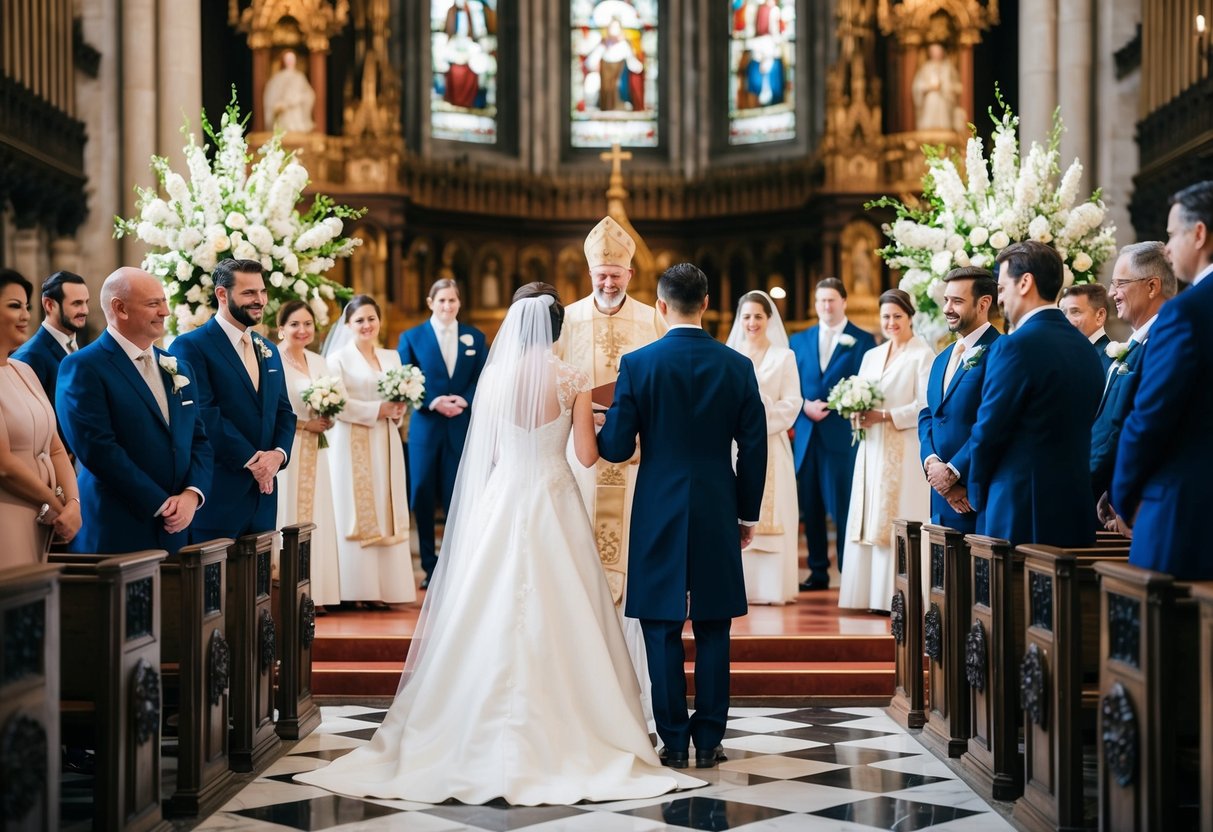A bride and groom standing at the altar in a grand cathedral, surrounded by ornate decorations and a traditional wedding party