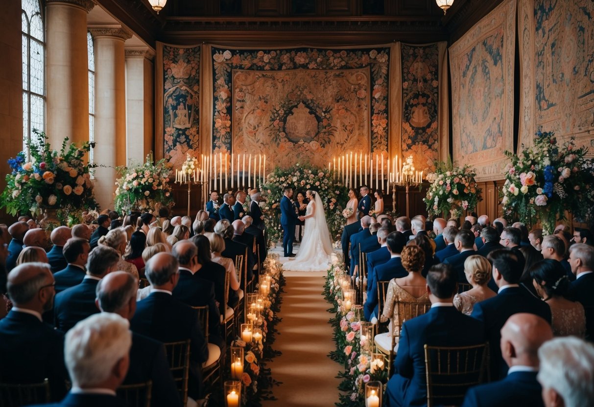 A grand hall adorned with vibrant flowers, ornate tapestries, and flickering candlelight, as guests gather to witness the timeless rituals of a traditional wedding ceremony
