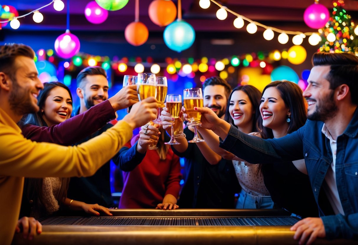 A group of friends raise a toast at a lively bar, surrounded by colorful decorations and festive lights. Laughter and music fill the air as they celebrate