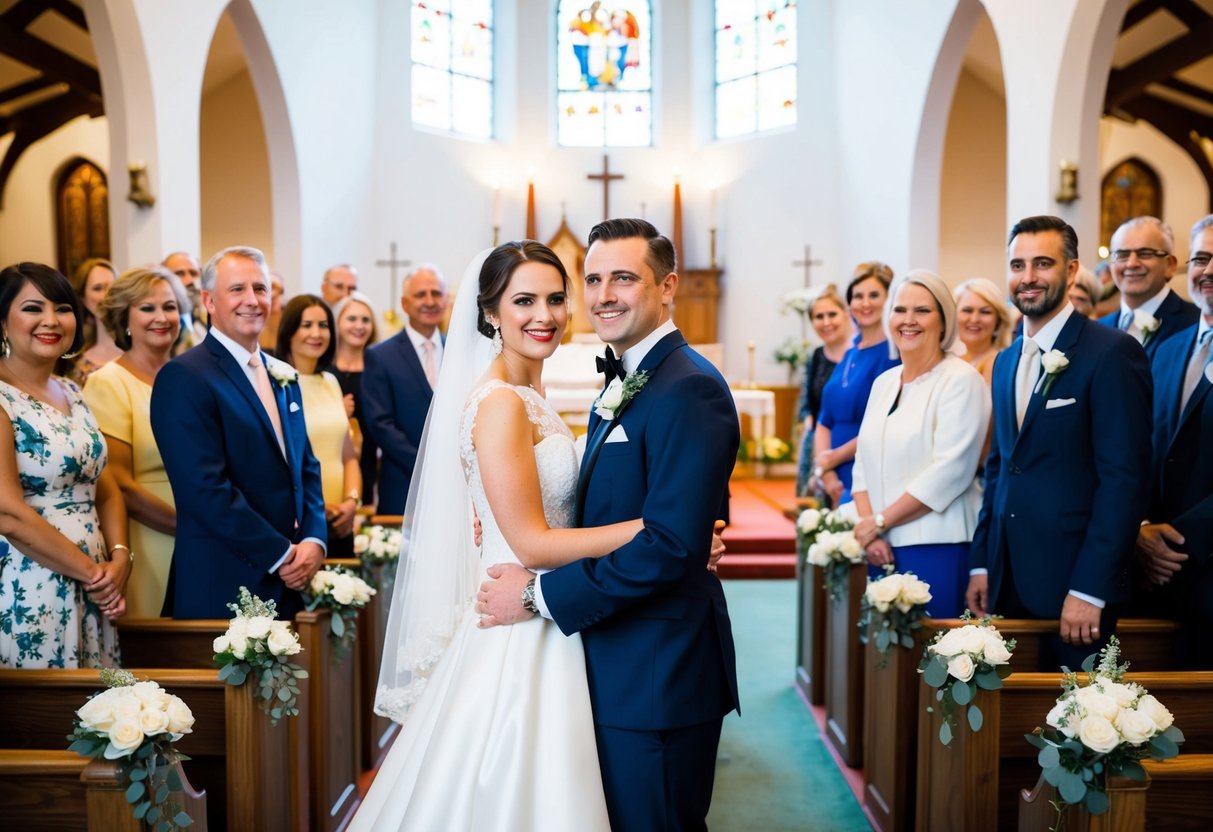 A bride and groom standing in a church, surrounded by family and friends. The bride wears a white gown and veil, and the groom is in a classic tuxedo