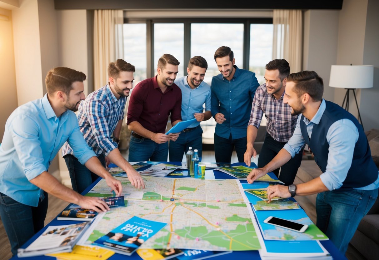 A group of men gather around a table covered in maps, brochures, and party supplies, discussing and planning a bachelor party