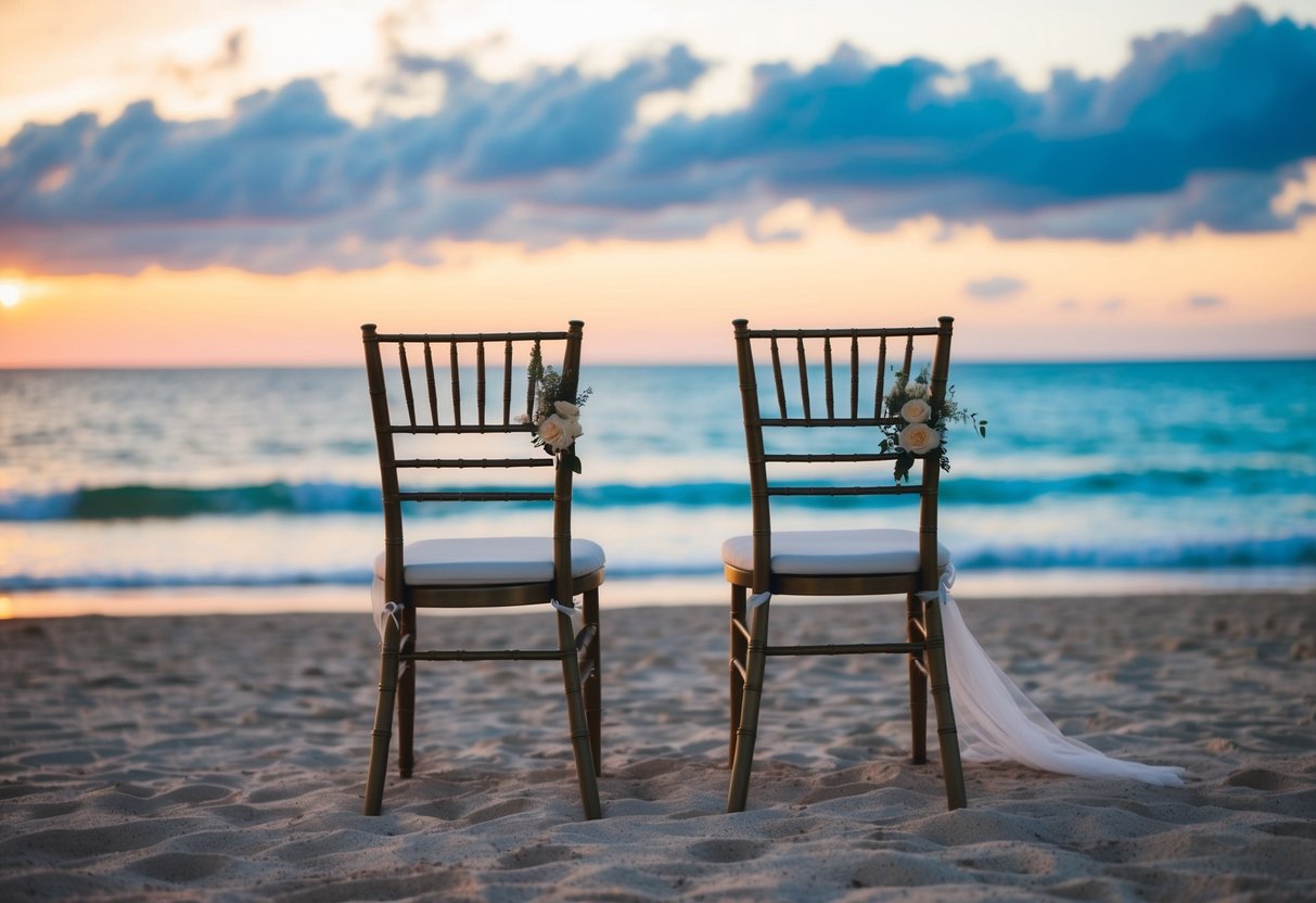 A beachside wedding with two chairs, one empty and one occupied, overlooking the ocean at sunset