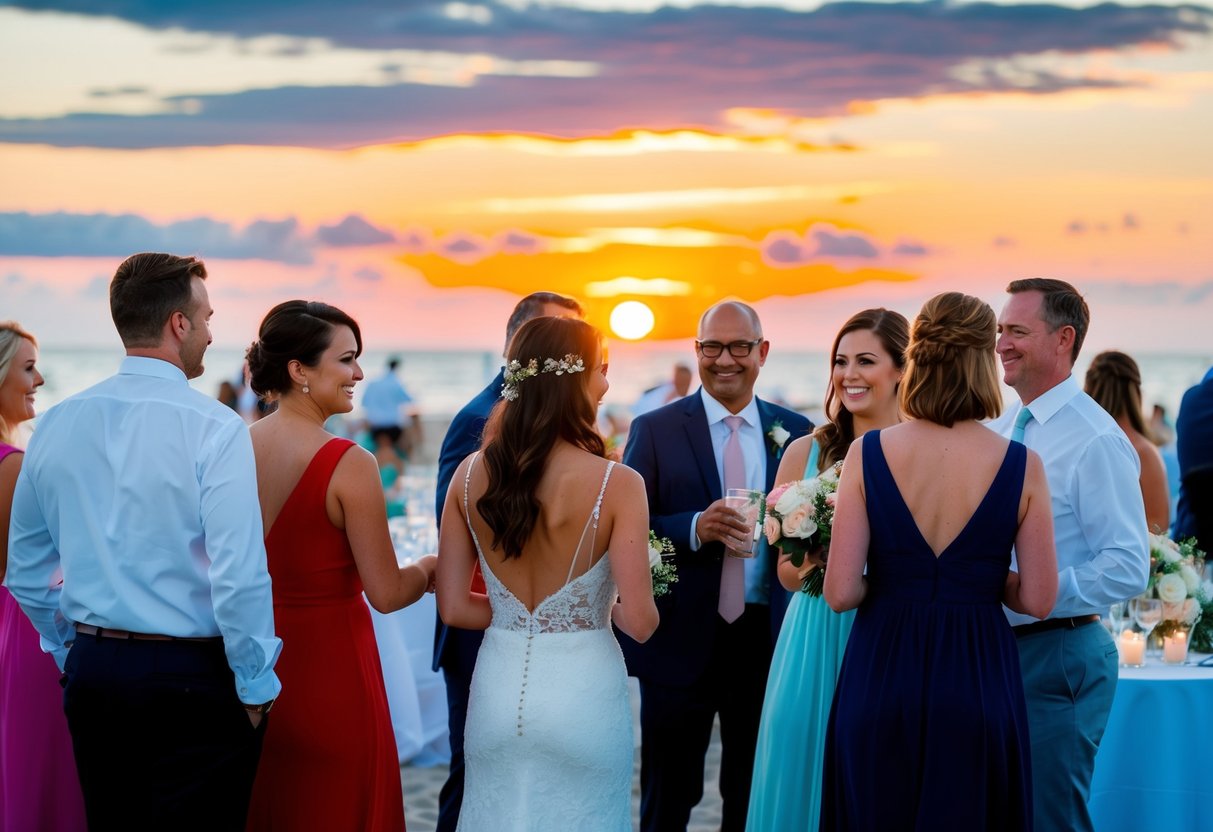 Guests mingling at a beachfront wedding reception, with a picturesque sunset in the background. Some guests are paired off, while others are solo