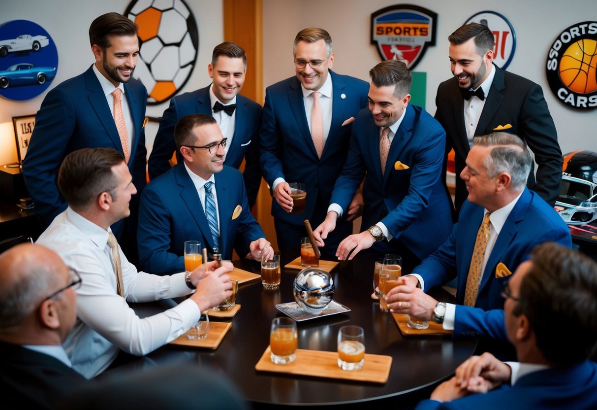 A group of men in formal attire gather around a table with drinks and cigars, surrounded by decorations of sports, cars, and other stereotypical "masculine" themes