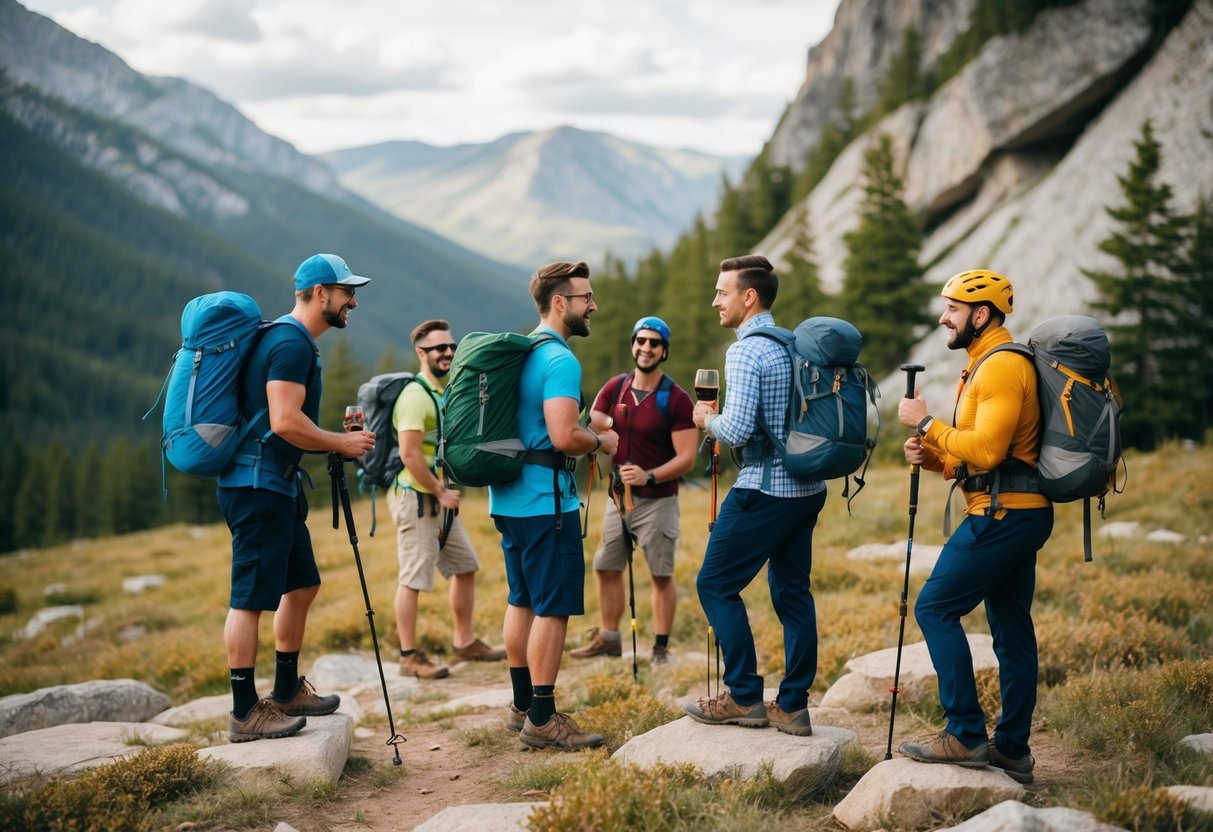 A group of men engage in outdoor activities such as hiking, camping, and rock climbing for a bachelor party theme