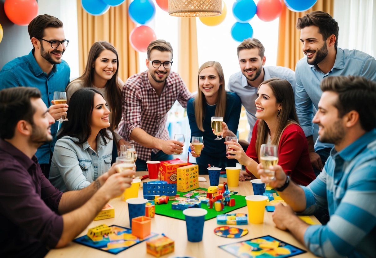 A group of friends gather around a table filled with party decorations, games, and entertainment options for a bachelor party