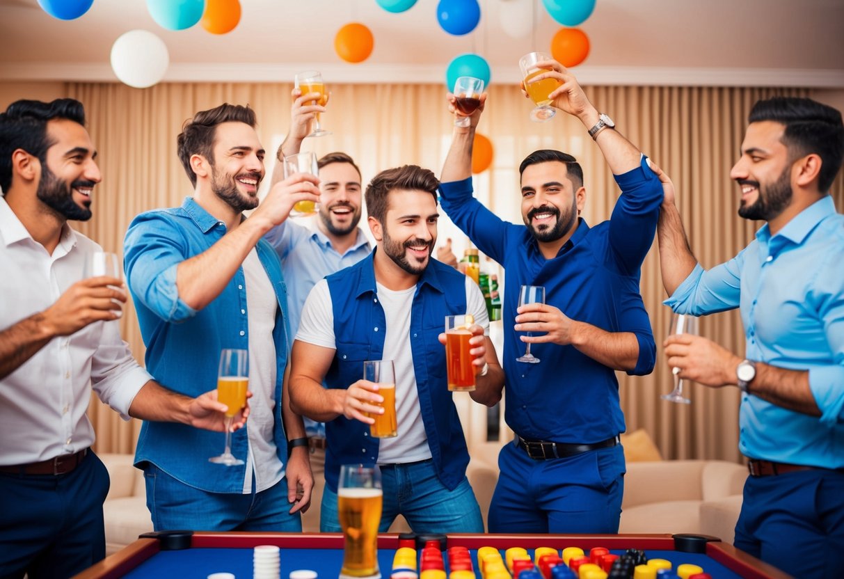A group of men celebrating with drinks, music, and games at a lively bachelor party