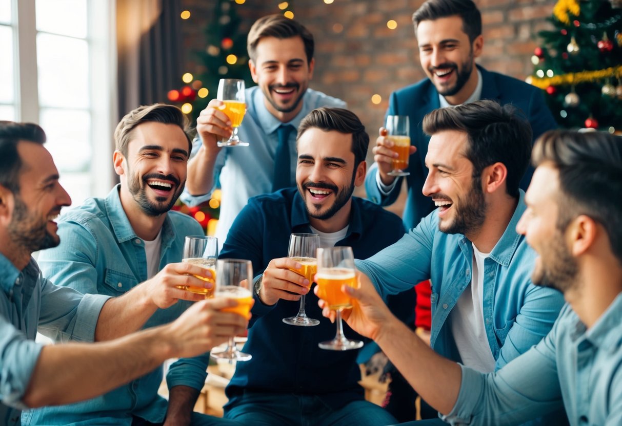 A group of men celebrating with drinks and laughter in a festive setting