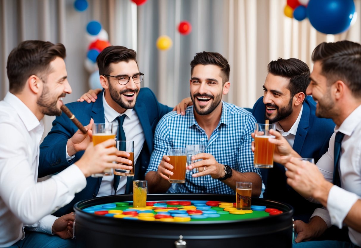 A group of men celebrating with drinks, cigars, and games at a bachelor party