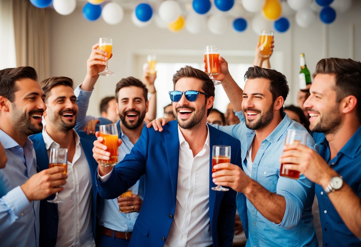 A group of men celebrating with drinks and music at a lively bachelor party