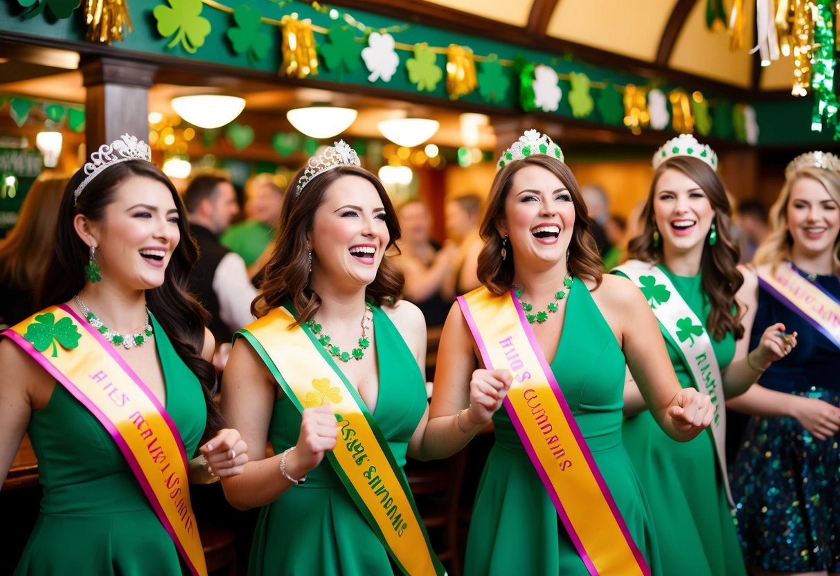 A group of women wearing matching sashes and tiaras, laughing and dancing at a lively Irish pub decorated with shamrocks and colorful streamers