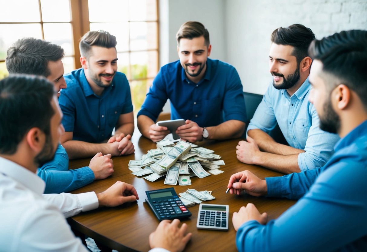 A group of friends gather around a table, discussing plans and expenses for a stag do. A pile of cash and a calculator sit in the center