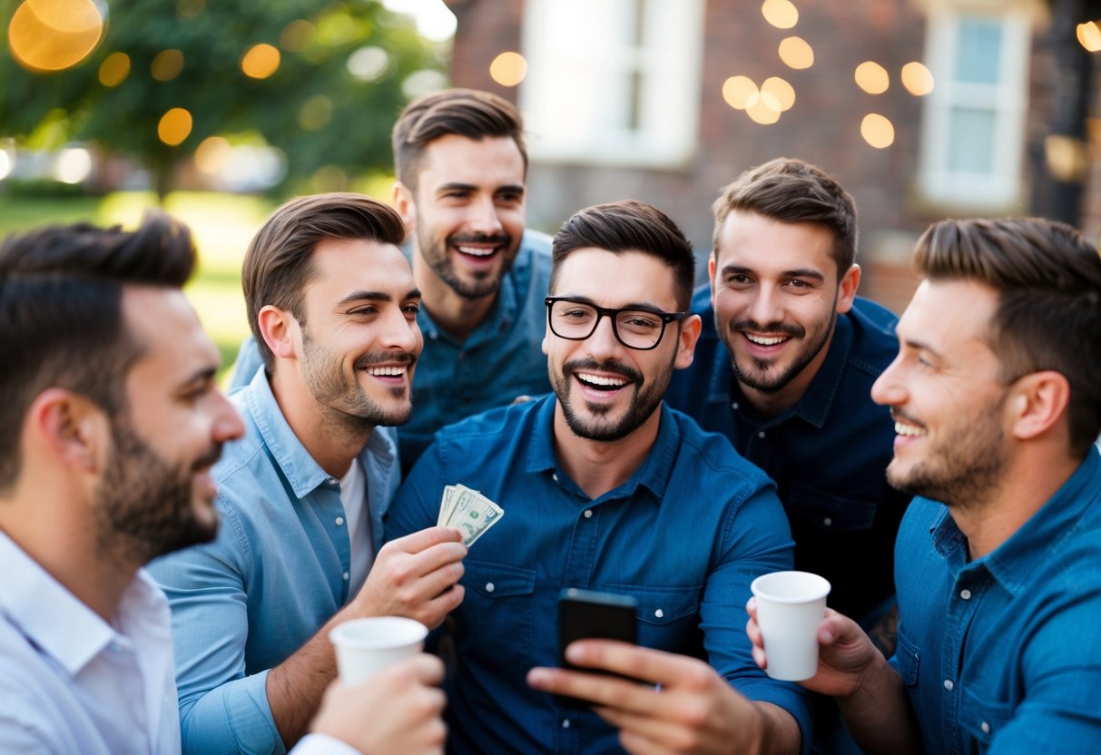 A group of men enjoying a variety of stag do activities, with one person in the group appearing to be paying for the expenses