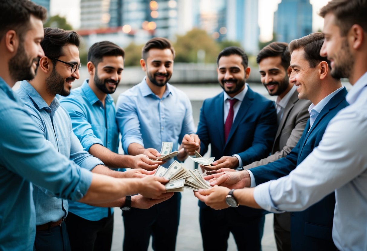 A group of men pool money and hand it to the organizer