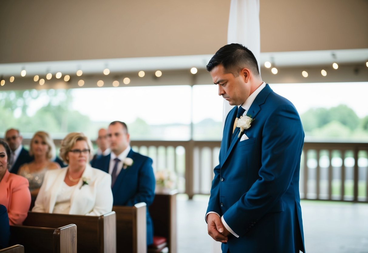 A person standing alone at the edge of a wedding ceremony, looking hesitant and uncomfortable