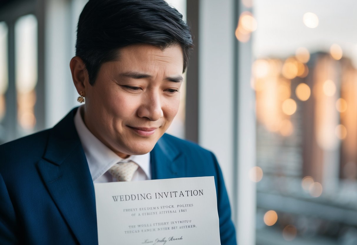 A person politely declining a wedding invitation with a regretful expression