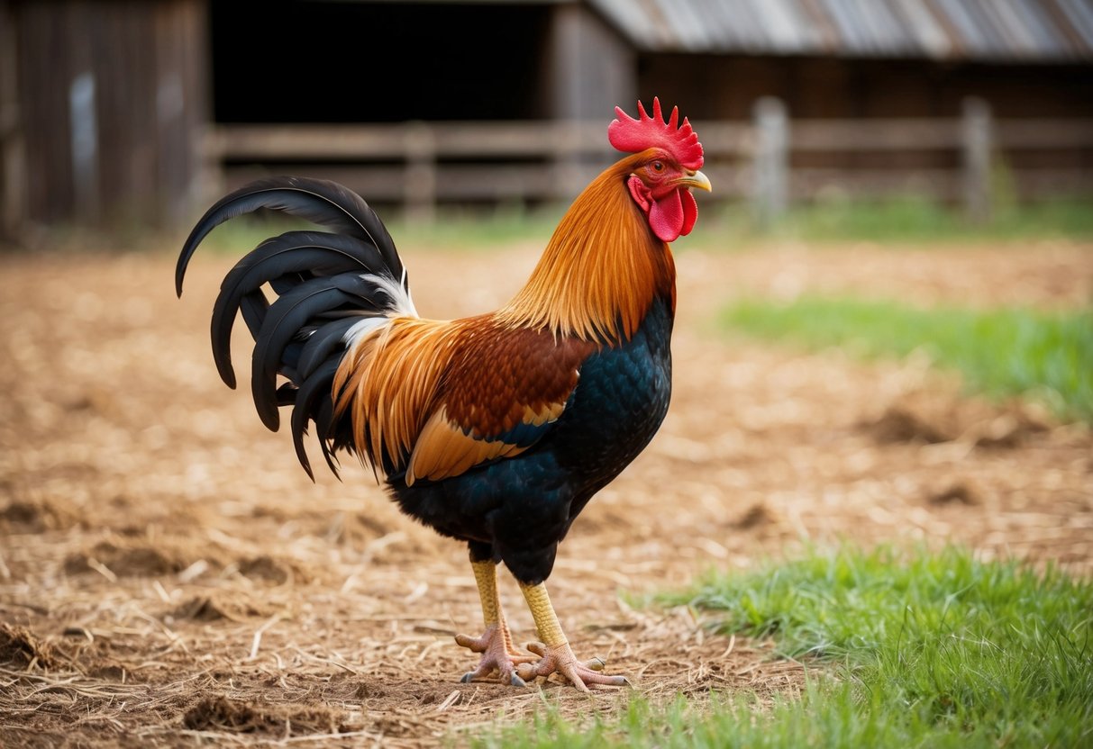 A mature rooster stands proudly in a barnyard, its vibrant plumage and regal stance indicating its status as a stag