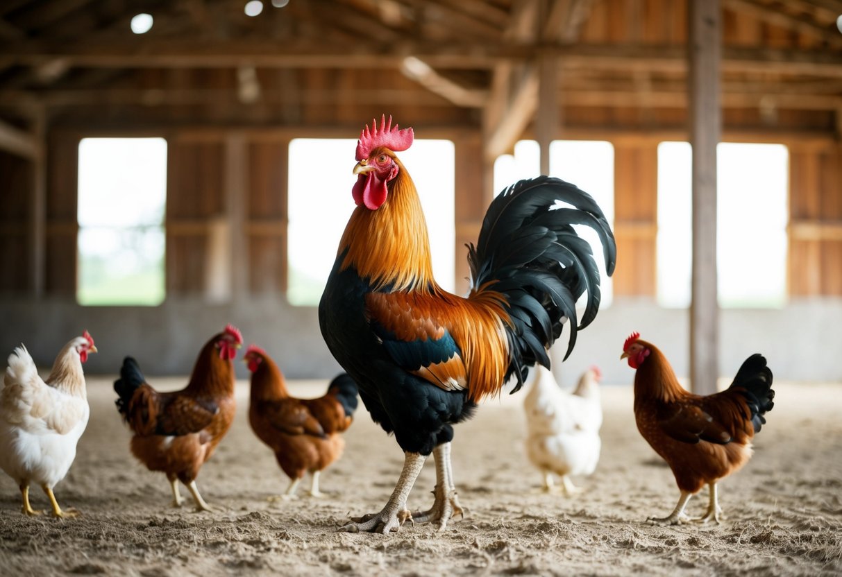 A mature rooster stands proudly in a spacious, sunlit barn, surrounded by a group of hens. He displays vibrant plumage and a confident stance