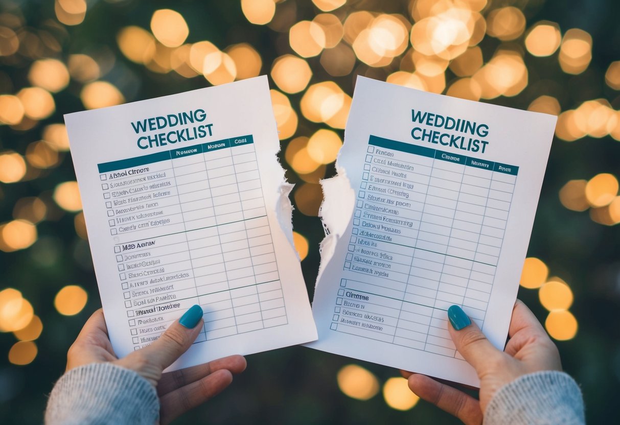 A couple's wedding planning checklist torn in half