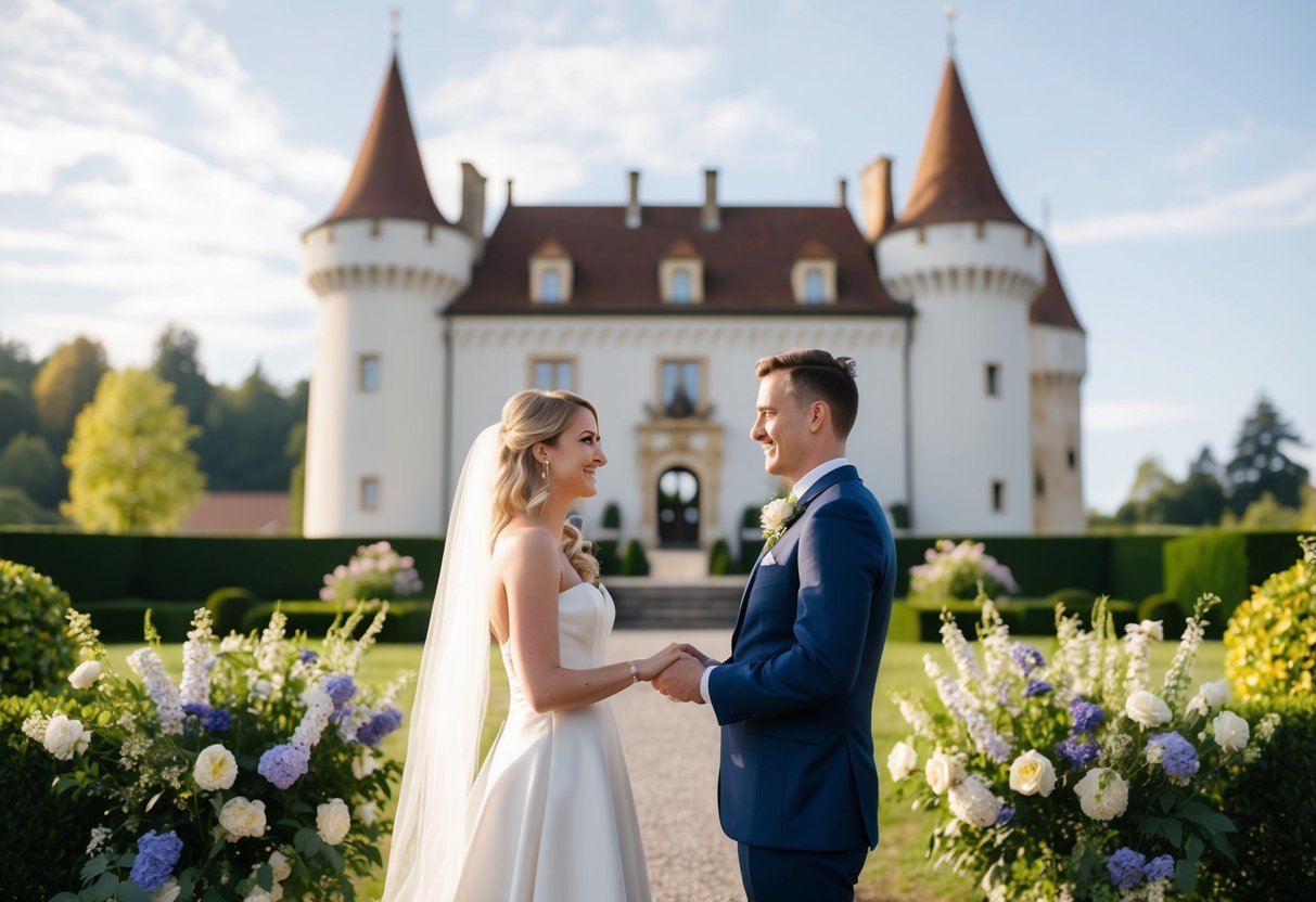 A couple exchanging vows in front of a picturesque European castle, surrounded by lush greenery and blooming flowers